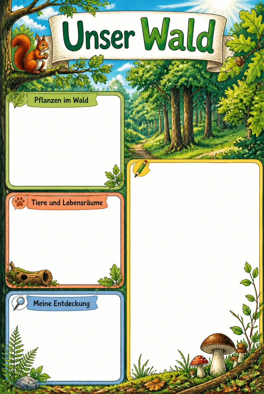 Unser Wald mit Mischwald, Blättern und Waldtieren rund um drei freie Schreibbereiche und eine Zeichenecke.