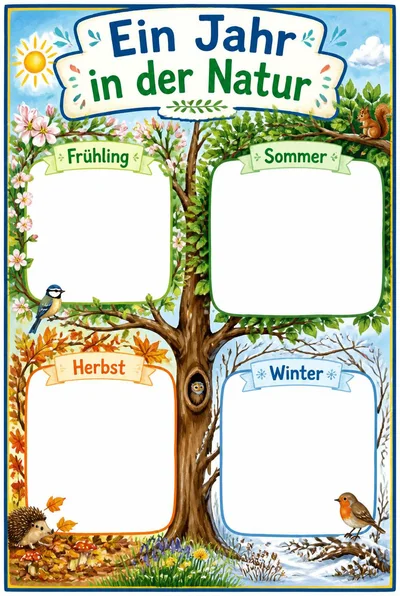 Ein Jahr in der Natur mit einem jahreszeitlich gestalteten Baum und vier weißen Schreib- und Zeichenfeldern.
