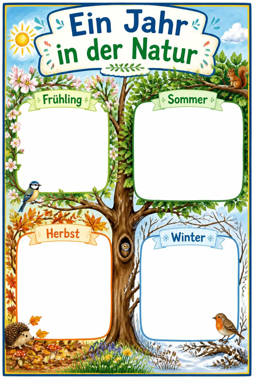 Ein Jahr in der Natur mit einem jahreszeitlich gestalteten Baum und vier weißen Schreib- und Zeichenfeldern.