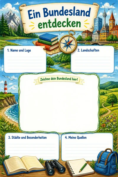 Ein Bundesland entdecken mit Büchern, Kompass und Landschaftsmotiven, vier freien Recherchefeldern und einer Zeichenfläche.