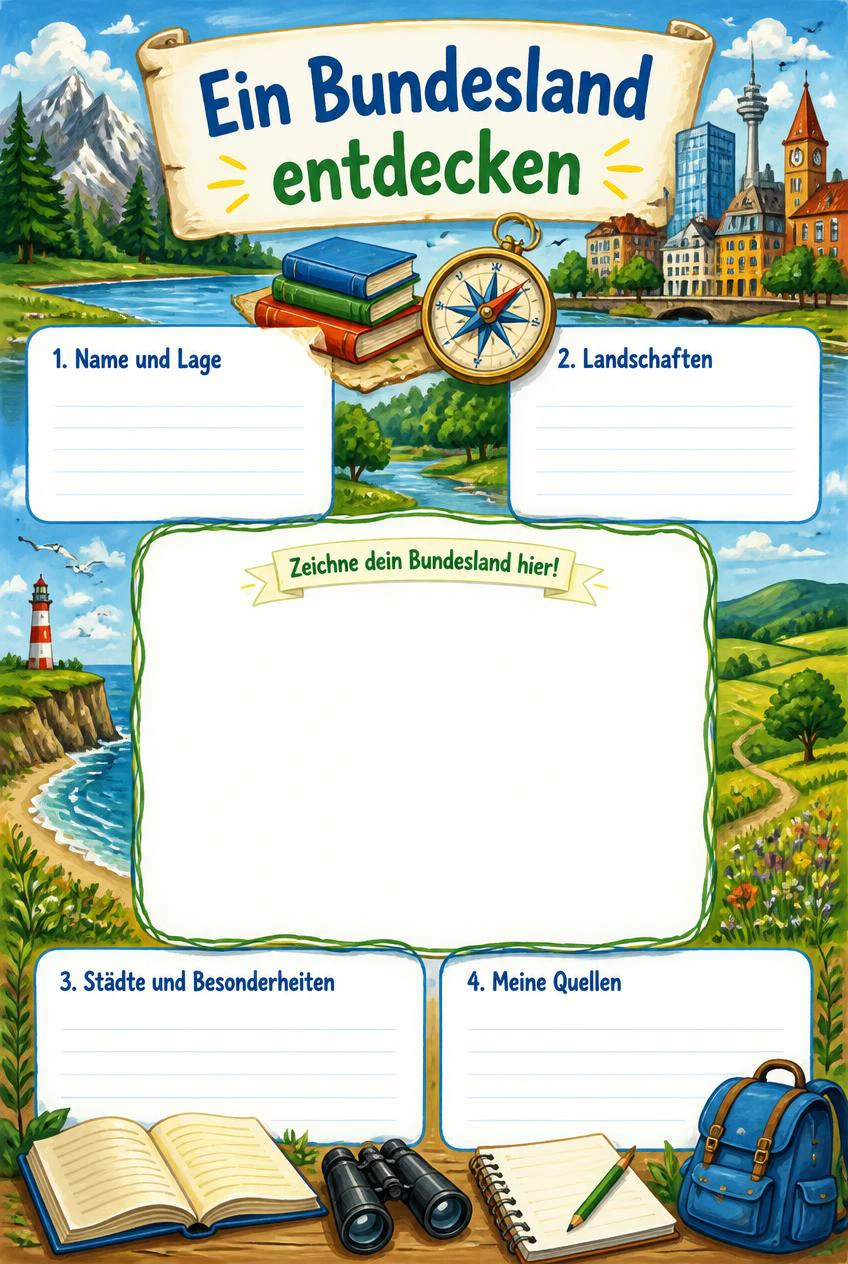 Ein Bundesland entdecken mit Büchern, Kompass und Landschaftsmotiven, vier freien Recherchefeldern und einer Zeichenfläche.