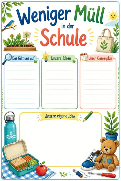 Weniger Müll in der Schule mit Brotdose, Trinkflasche und Stoffbeutel, drei leeren Planungsfeldern und Zeichenplatz.