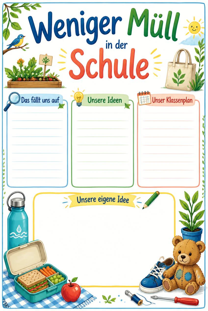Weniger Müll in der Schule mit Brotdose, Trinkflasche und Stoffbeutel, drei leeren Planungsfeldern und Zeichenplatz.