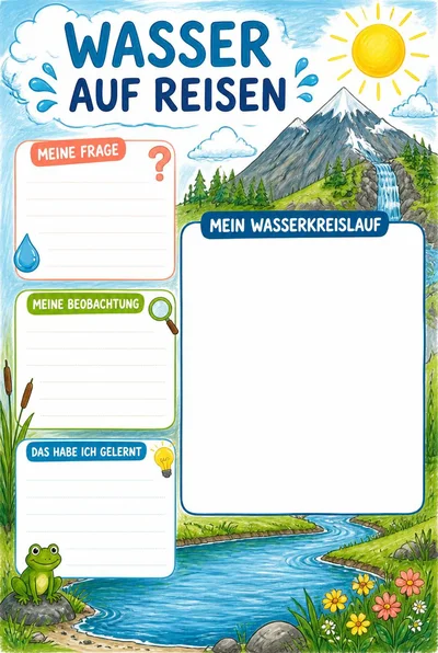 Wasser auf Reisen mit Berg, Fluss und Wolken, drei freien Notizbereichen und einer großen Fläche für den eigenen Wasserkreislauf.
