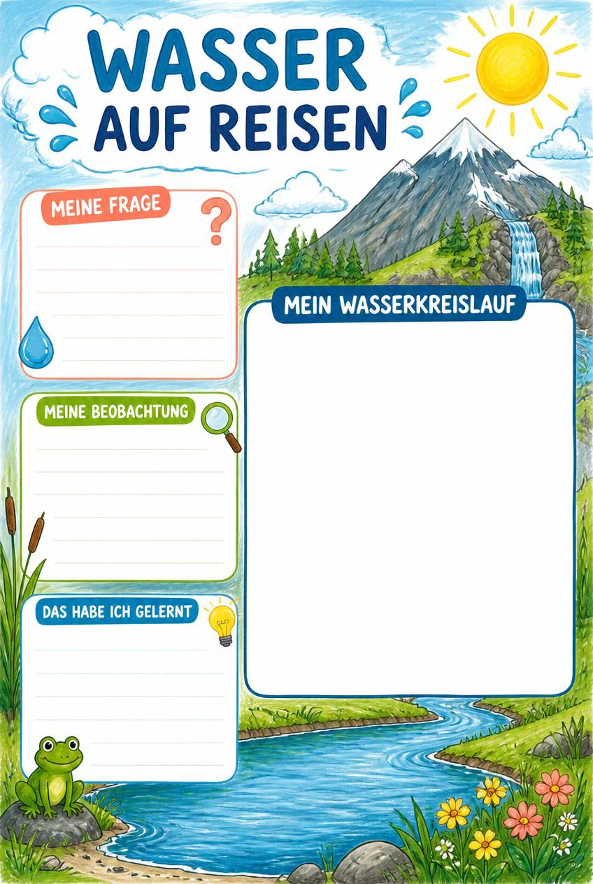 Wasser auf Reisen mit Berg, Fluss und Wolken, drei freien Notizbereichen und einer großen Fläche für den eigenen Wasserkreislauf.