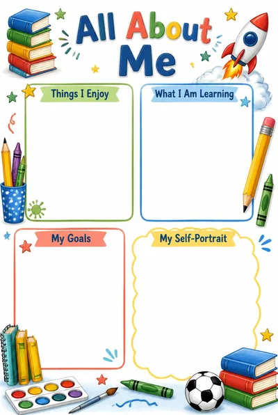 Colorful All About Me poster with books, art supplies, three writing areas and a blank self-portrait frame.