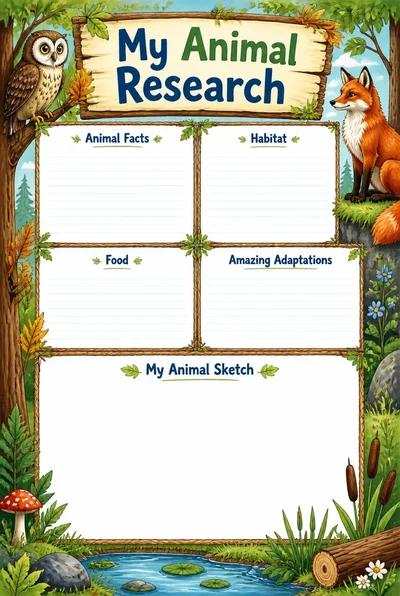 My Animal Research poster with woodland illustrations, four blank animal-study sections and a large sketch area.