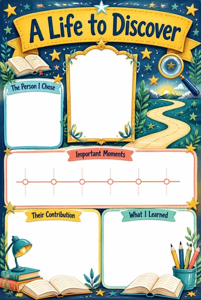 A Life to Discover biography poster with books, a journey motif, empty life-story sections and an unfilled portrait frame.