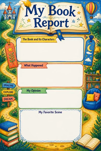 My Book Report poster with an open storybook, reading nook and white spaces for characters, a summary, an opinion and a scene.
