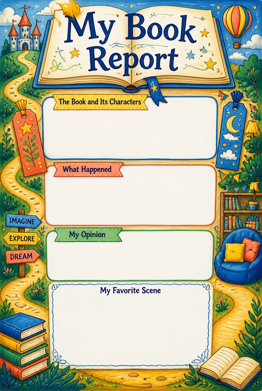 My Book Report poster with an open storybook, reading nook and white spaces for characters, a summary, an opinion and a scene.