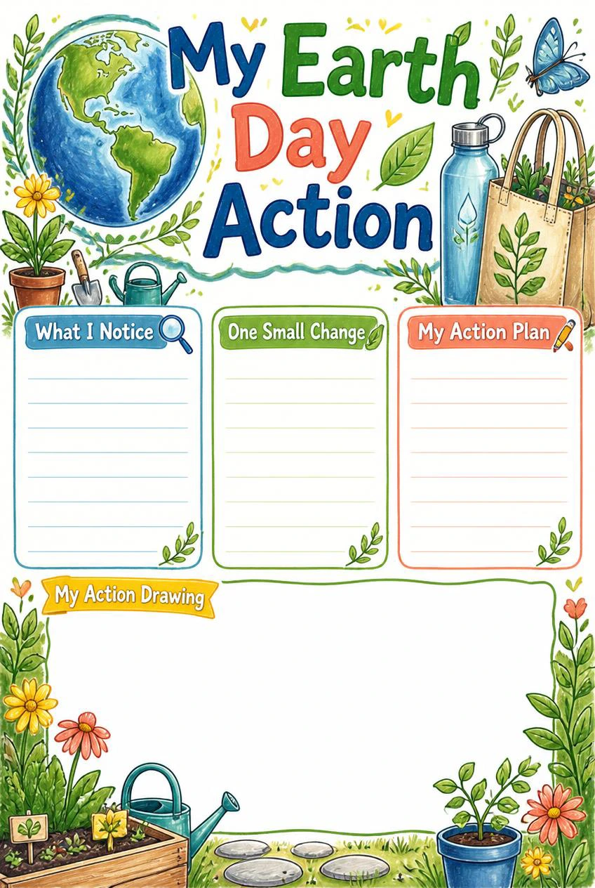 My Earth Day Action poster with Earth, a school garden, reusable objects and three blank planning sections plus drawing space.