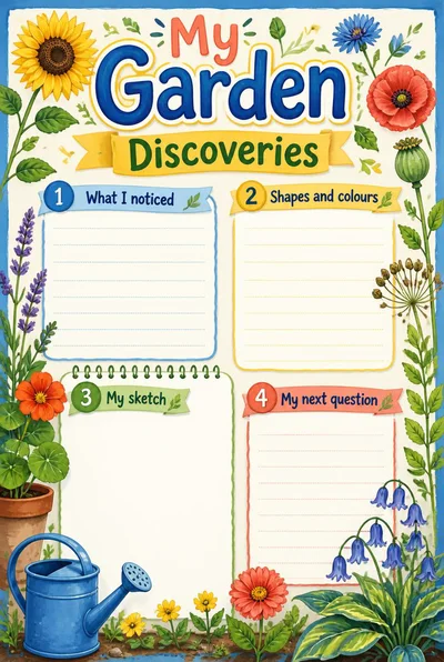 Garden observation poster bordered by flowers and leaves, with four blank sections for notes, colors, a sketch and a question.