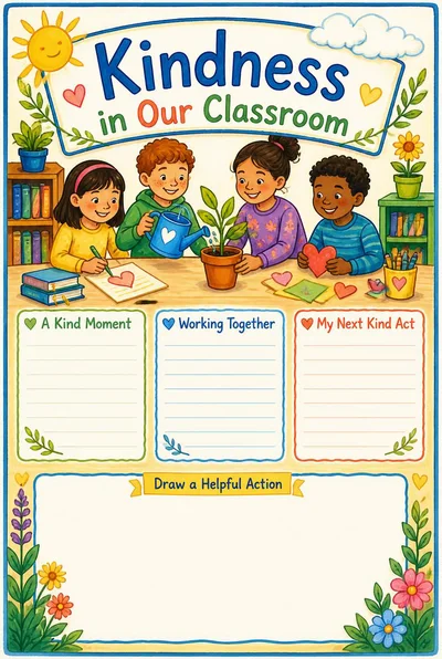 Kindness in Our Classroom poster showing classmates caring for a plant around three blank reflection areas and a drawing space.