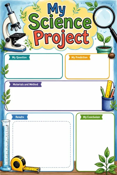 My Science Project poster with five blank research sections, a drawing area and colorful microscope, seedling and measuring-tool illustrations.