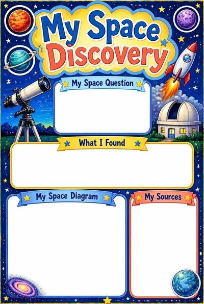 My Space Discovery poster framed by a telescope, stars and decorative planets, with blank research fields and a diagram area.
