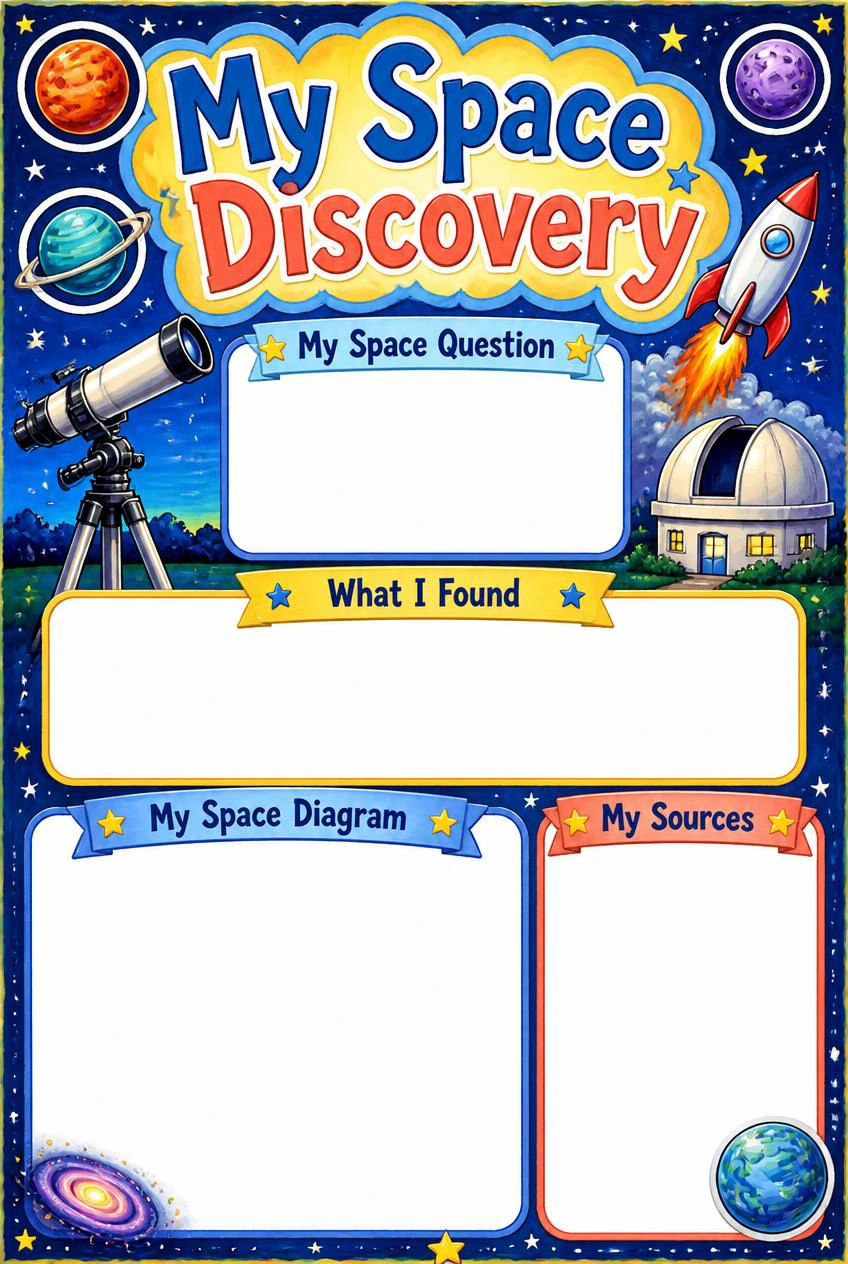 My Space Discovery poster framed by a telescope, stars and decorative planets, with blank research fields and a diagram area.