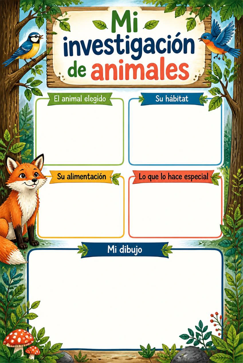 Mi investigación de animales con bosque y fauna ilustrada, cuatro apartados de investigación vacíos y un área de dibujo.