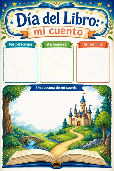 Día del Libro: mi cuento, con un gran libro y un paisaje imaginario, tres espacios narrativos vacíos y un área para ilustrar.