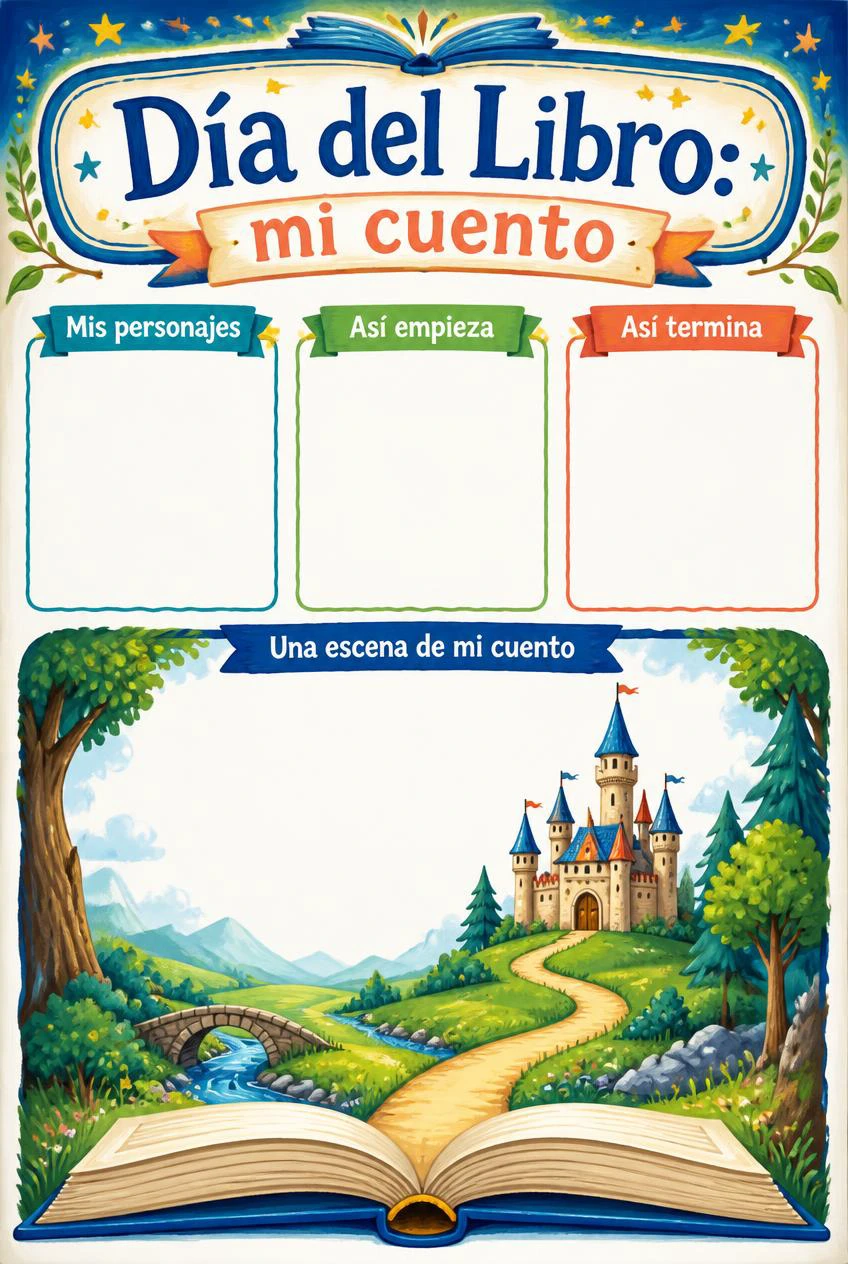Día del Libro: mi cuento, con un gran libro y un paisaje imaginario, tres espacios narrativos vacíos y un área para ilustrar.