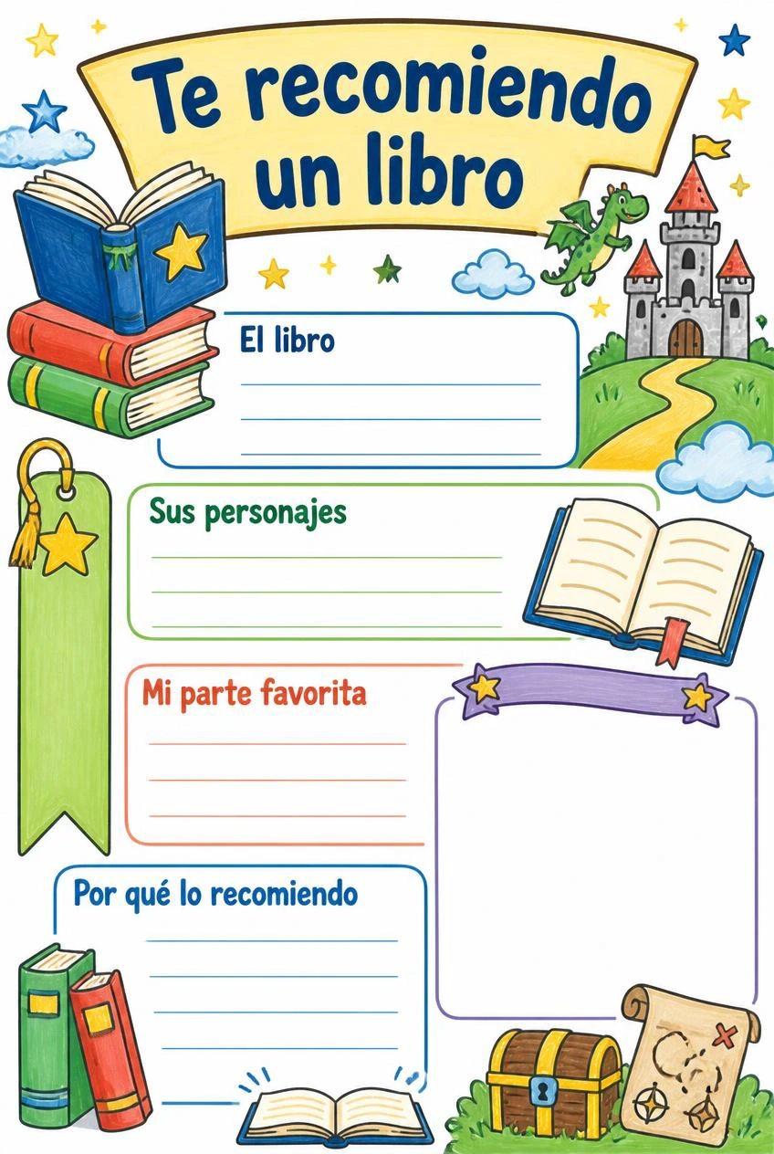 Cartel Te recomiendo un libro con libros y marcapáginas, cuatro apartados de lectura y un espacio para dibujar una escena.