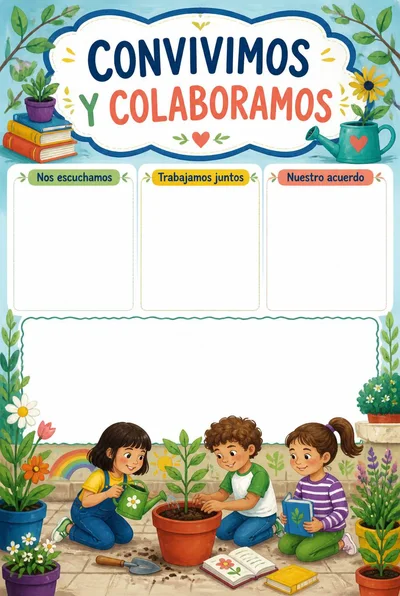 Convivimos y colaboramos con compañeros cuidando una planta, tres espacios de reflexión y una zona de dibujo.
