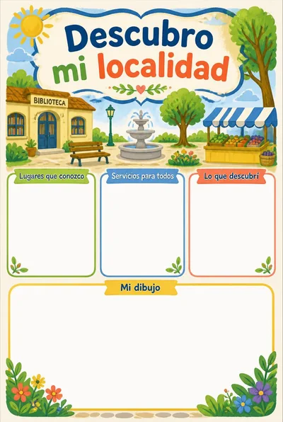Descubro mi localidad con biblioteca, plaza y mercado ilustrados, tres apartados vacíos y una zona de dibujo.