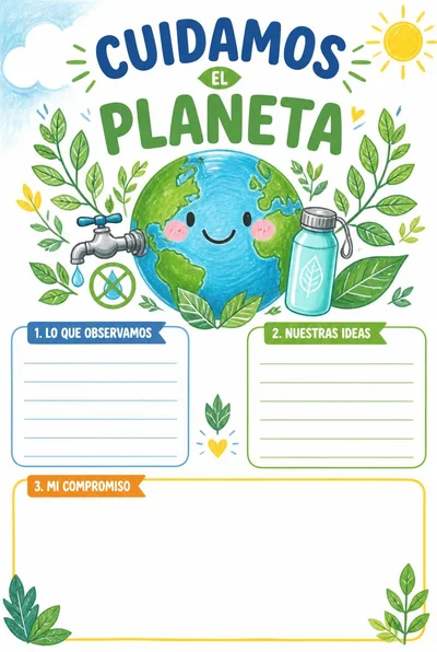 Cartel Cuidamos el planeta con la Tierra, hojas, un grifo y una botella reutilizable alrededor de tres apartados vacíos.