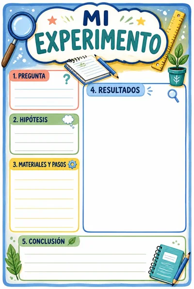 Mi experimento con lupa, regla y planta, cinco apartados de investigación vacíos y espacio para representar resultados.