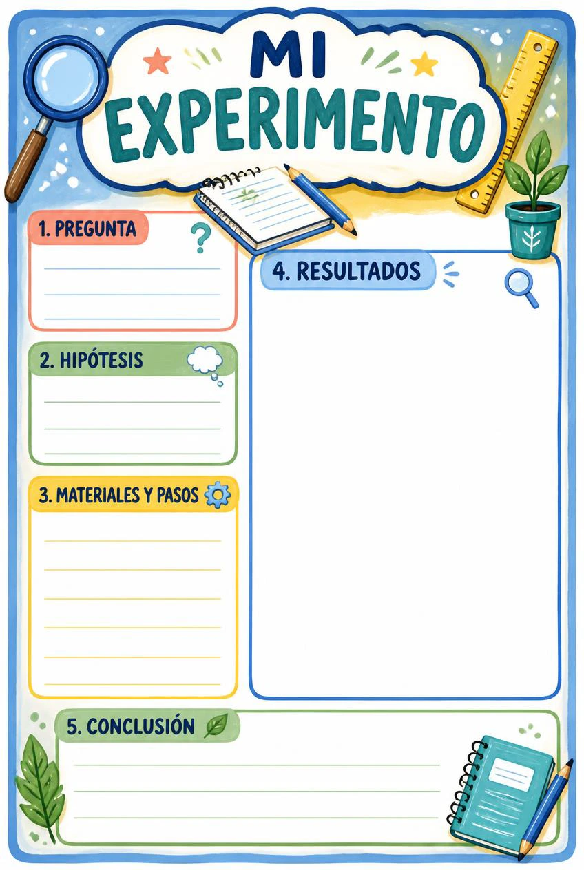 Mi experimento con lupa, regla y planta, cinco apartados de investigación vacíos y espacio para representar resultados.