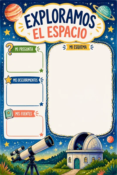 Exploramos el espacio con telescopio, estrellas y planetas decorativos alrededor de tres campos vacíos y un espacio de esquema.