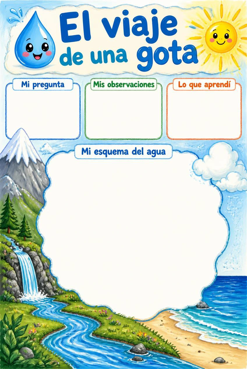 El viaje de una gota con montaña, río y nubes, tres campos vacíos y una gran zona para un esquema propio del agua.
