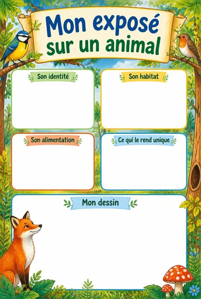 Mon exposé sur un animal, avec forêt et animaux illustrés autour de quatre rubriques vides et d’un espace de dessin.
