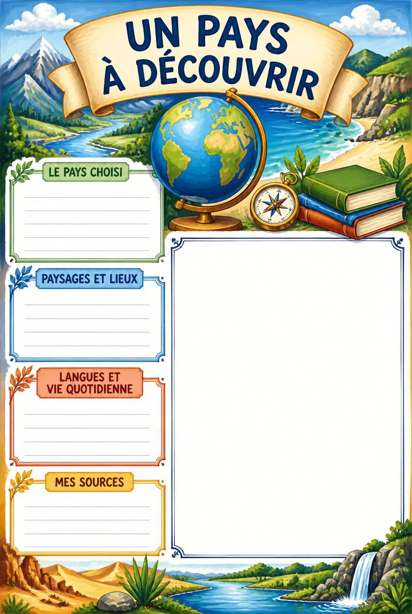 Un pays à découvrir, avec globe décoratif, boussole et paysages, quatre rubriques vierges et une zone pour dessiner.