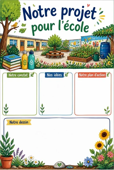 Notre projet pour l’école avec jardin scolaire, gourdes et livres autour de trois rubriques de projet vierges.