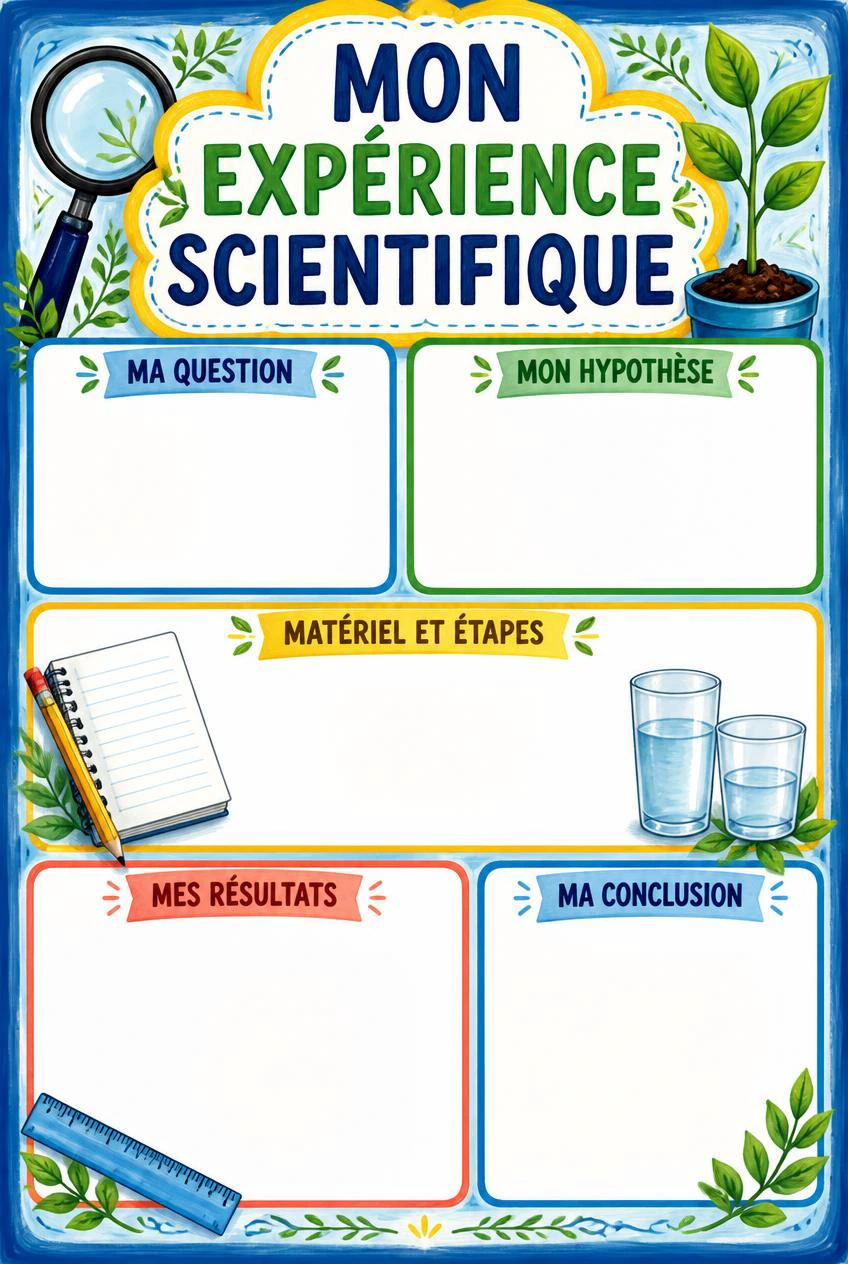 Mon expérience scientifique, illustrée d’une loupe et d’une jeune plante, avec cinq espaces de compte rendu encore vides.