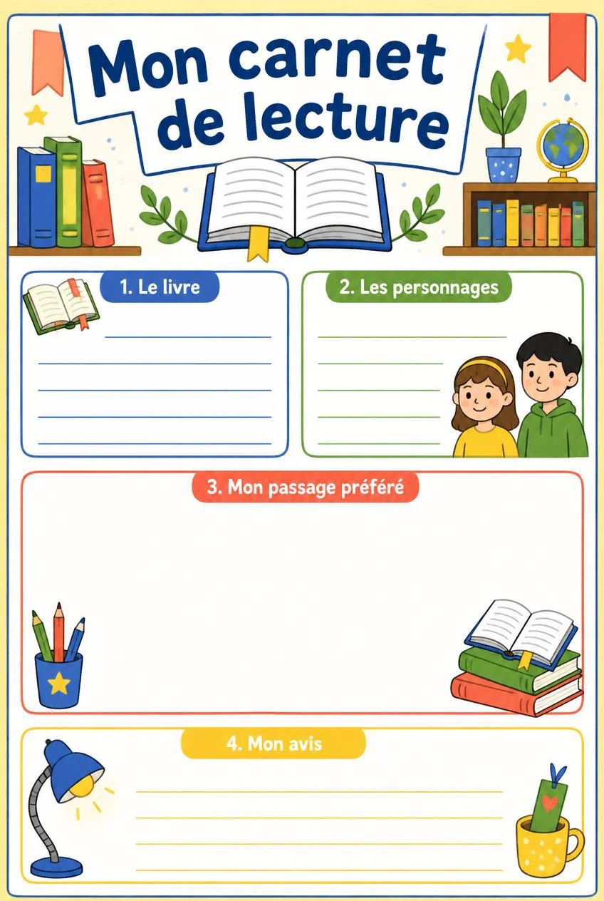 Mon carnet de lecture avec livres et marque-pages, champs pour le livre et les personnages, grand espace de scène et zone d’avis.