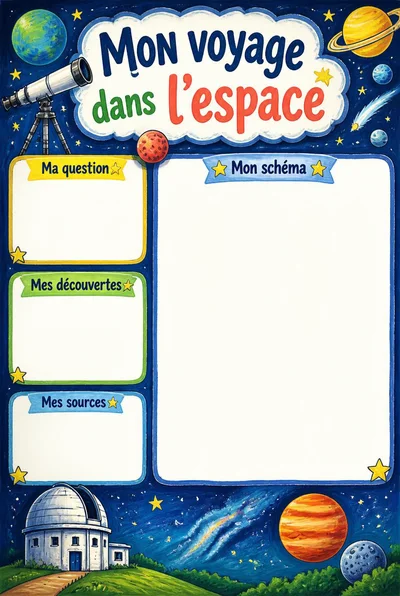 Mon voyage dans l’espace avec télescope, étoiles et planètes décoratives, trois rubriques libres et un grand espace de schéma.
