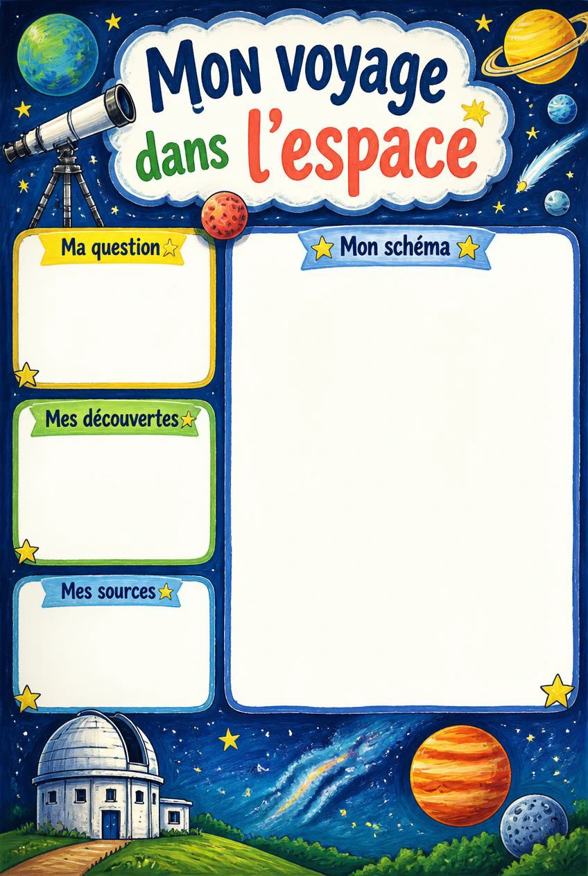 Mon voyage dans l’espace avec télescope, étoiles et planètes décoratives, trois rubriques libres et un grand espace de schéma.