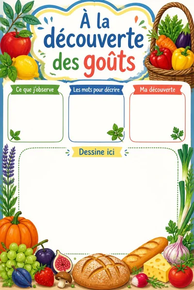 À la découverte des goûts avec fruits, légumes, pain et herbes, trois zones vierges et un espace de dessin.