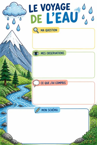 Affiche Le voyage de l’eau avec montagne, rivière et nuages, trois rubriques vierges et un espace pour le schéma.