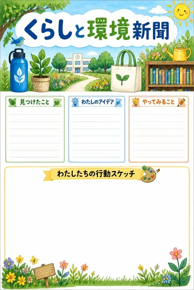 くらしと環境新聞。水筒や植物、学校の庭のイラストと三つの白い書き込み欄。