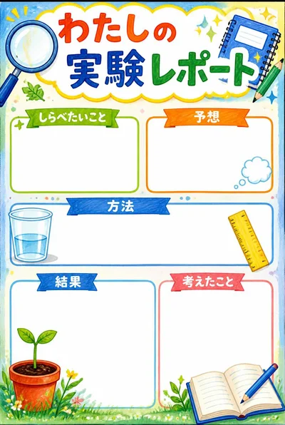 わたしの実験レポート。虫めがねや定規、芽のイラストと五つの研究記入欄、結果を描く空白。