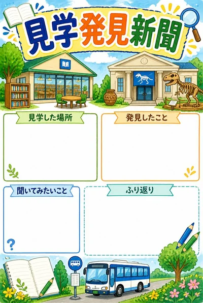 見学発見新聞。図書館や博物館、バスのイラストと見学で学んだことを書く空欄、スケッチスペース。