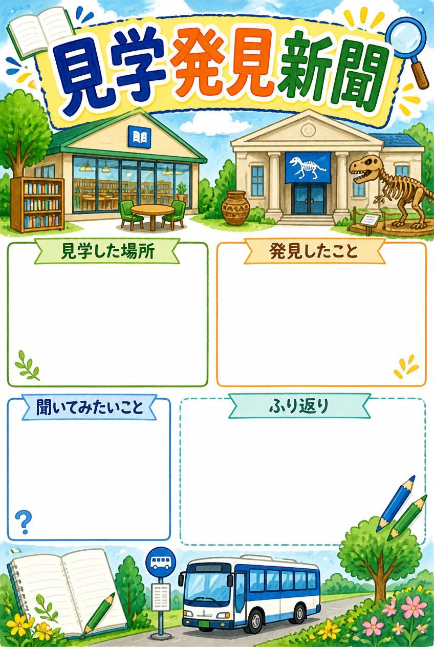 見学発見新聞。図書館や博物館、バスのイラストと見学で学んだことを書く空欄、スケッチスペース。