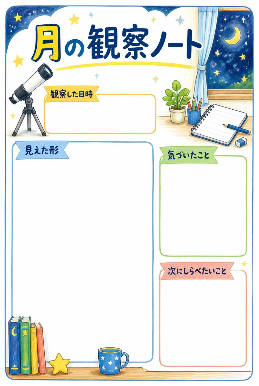 月の観察ノート。星や望遠鏡、窓辺のイラストと日時・月の形・気づきを書く空欄。