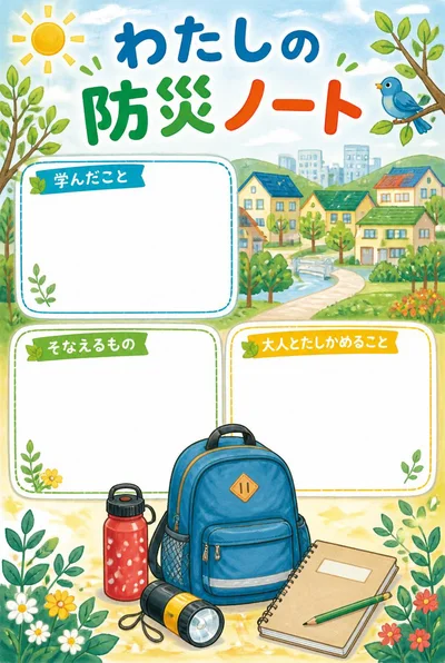 わたしの防災ノート。リュック、水筒と懐中電灯の穏やかなイラスト、三つの空欄と絵の余白。