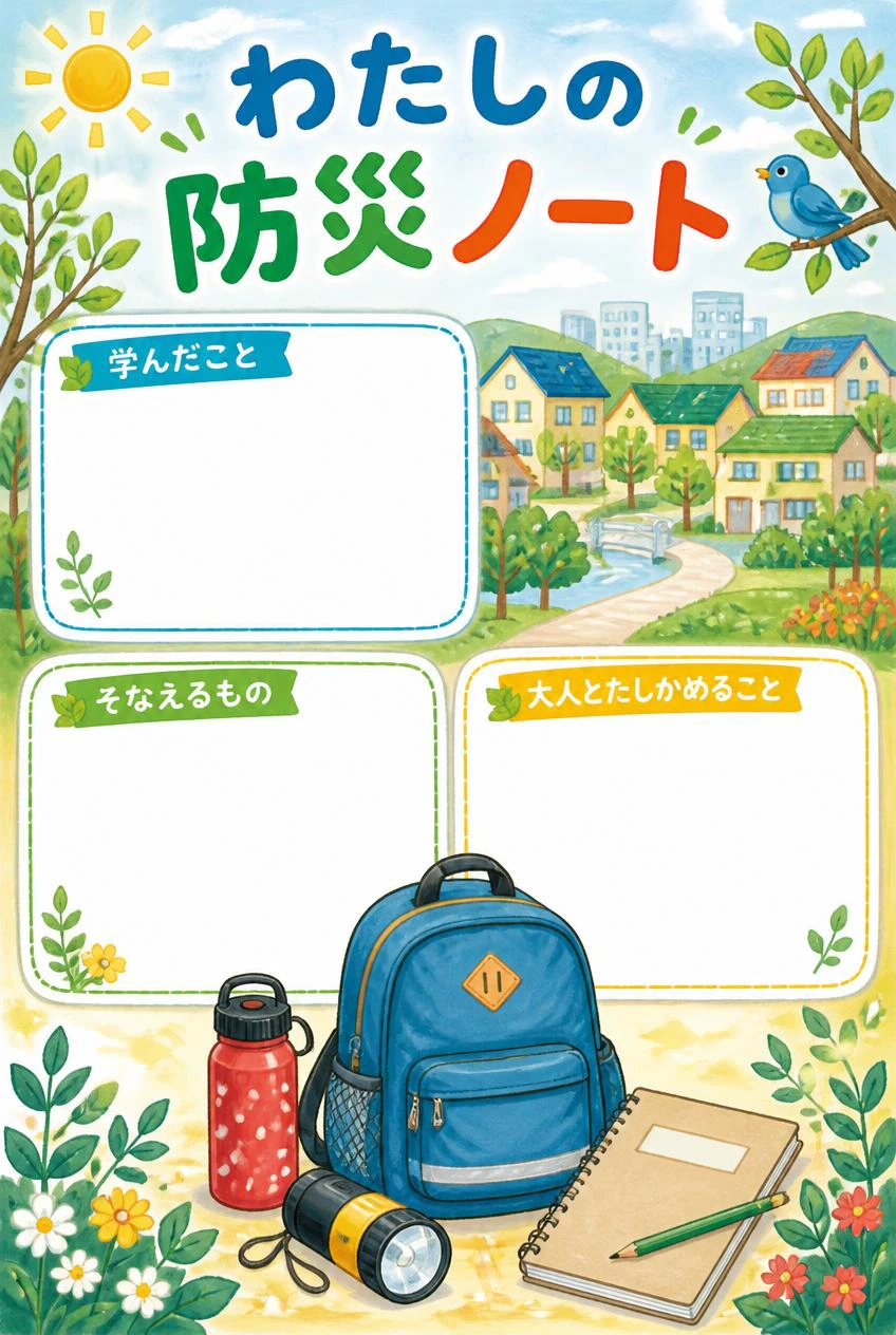 わたしの防災ノート。リュック、水筒と懐中電灯の穏やかなイラスト、三つの空欄と絵の余白。