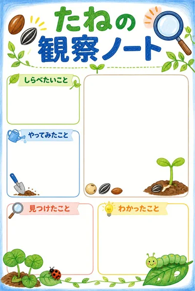 たねの観察ノート。種や芽のイラストと、研究の問い・方法・発見・まとめを書く空欄、観察画のスペース。