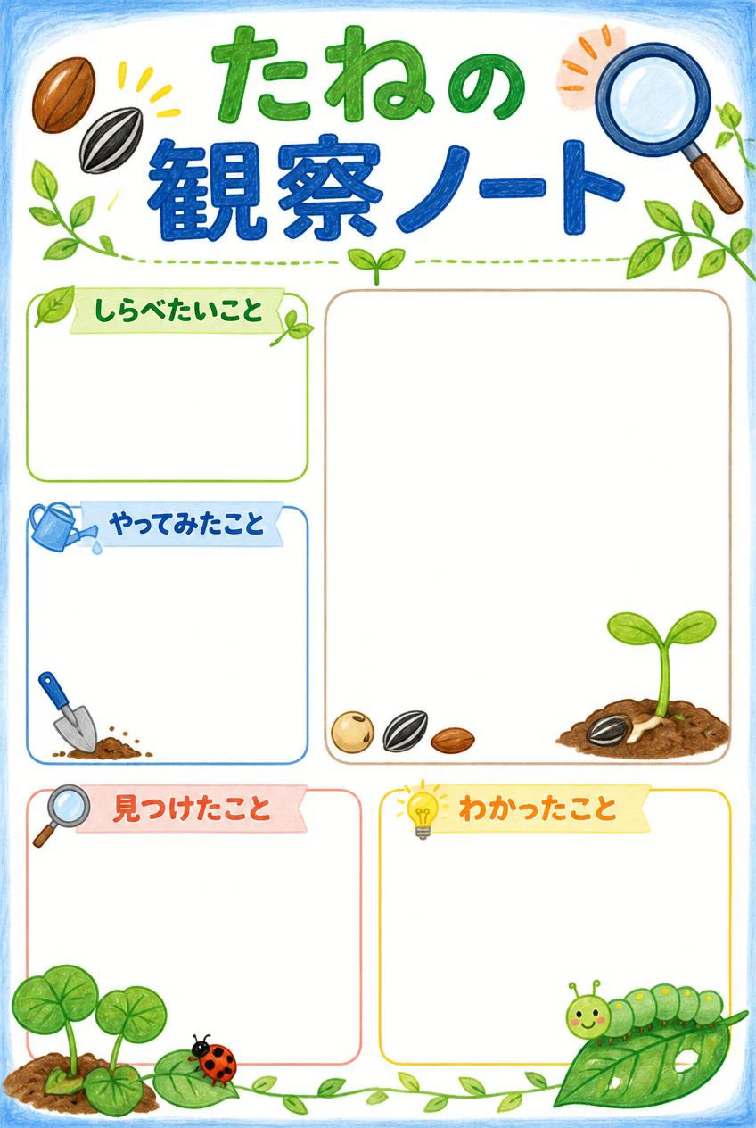 たねの観察ノート。種や芽のイラストと、研究の問い・方法・発見・まとめを書く空欄、観察画のスペース。