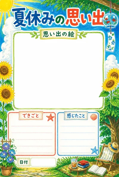 夏休みの思い出ポスター。ひまわり、風鈴や雲のイラストに囲まれた大きな絵の欄と二つの文章欄。